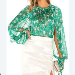 SABINA MUSAYEV Amal Blouse Top Women XS Green Floral Sheer Cut Out